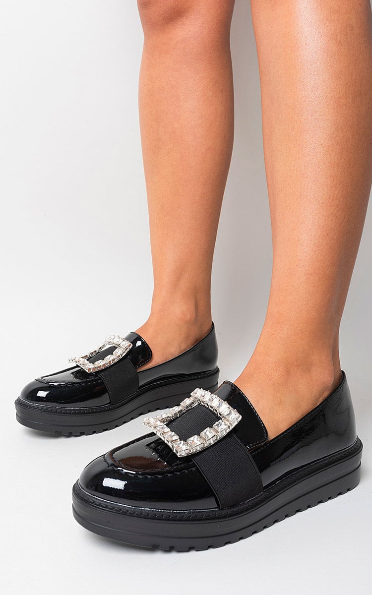 Leather Crystal Buckle Loafers-0