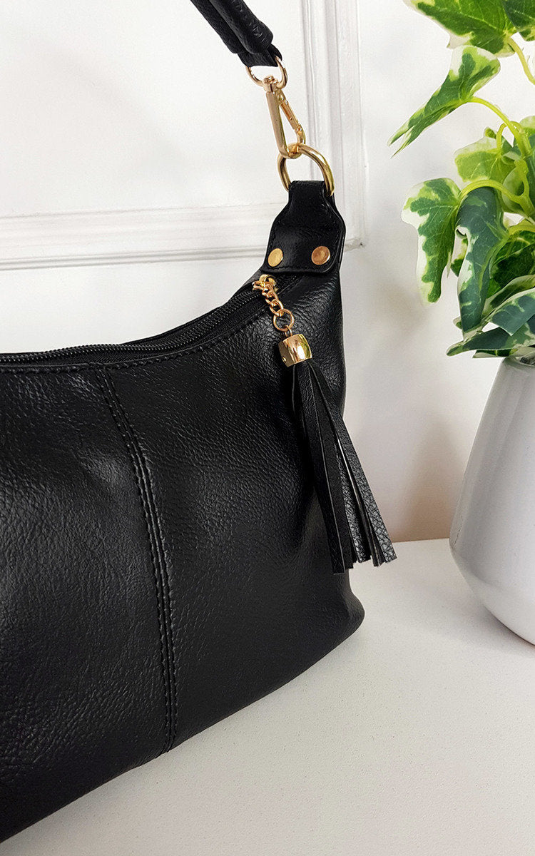 Faux Leather Shoulder Bag with Tassel Zip and Removable Strap-2