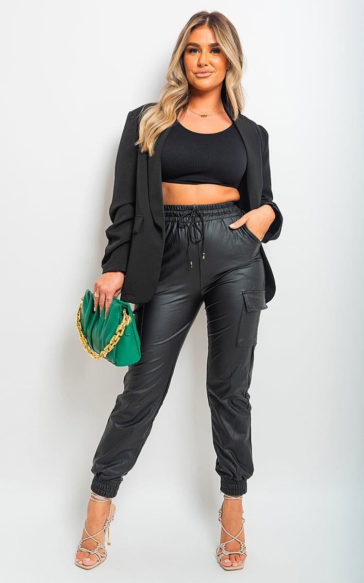 High Waisted Faux Leather Cargo Trousers-0