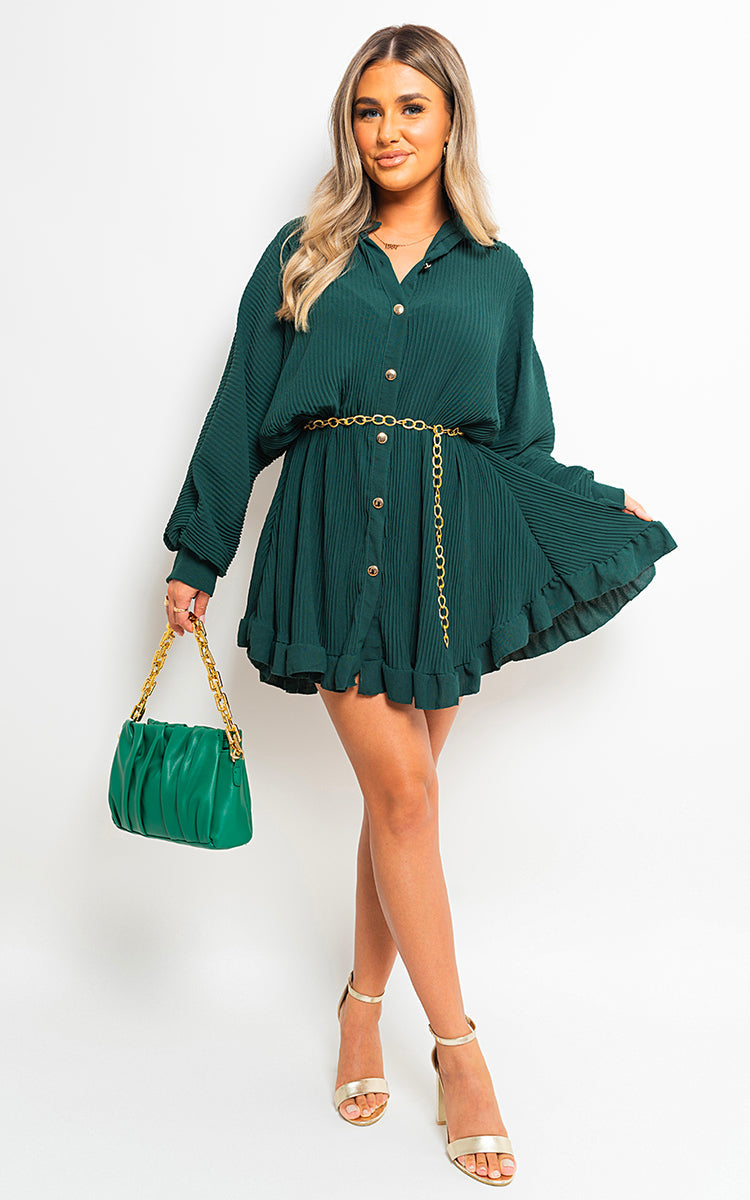 Long Sleeve Pleated Button Up Mini Dress-9