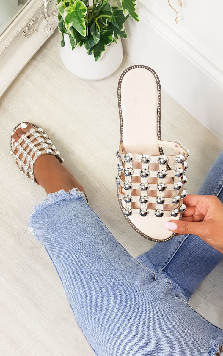 Studded Caged Open Toe Sliders-1