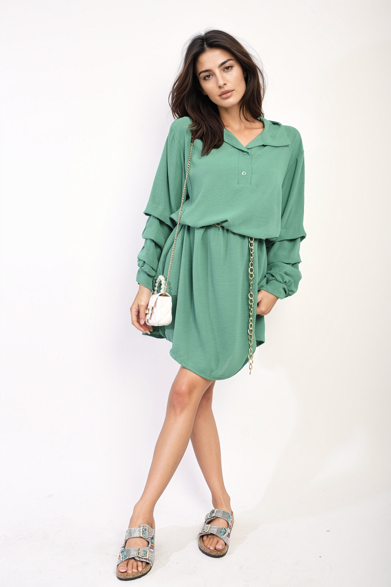 Ruffle Sleeve Pocket Button Front Blouse Dress-5