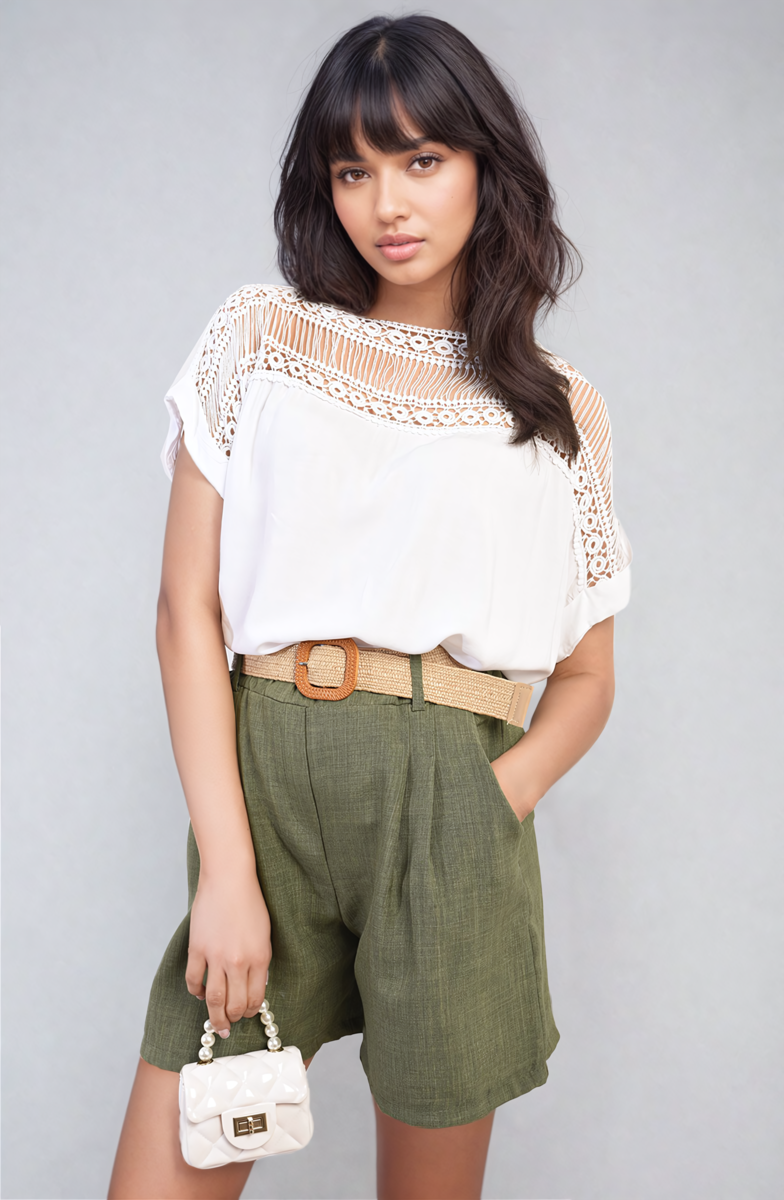 Lace Insert Round Neck Hollow Top-13