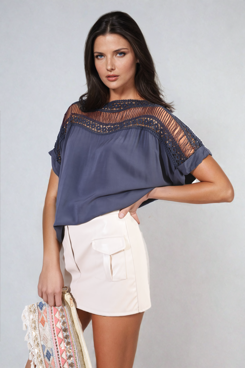 Lace Insert Round Neck Hollow Top-8