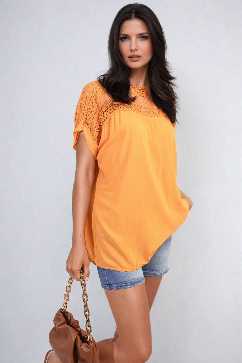 Lace Insert Round Neck Hollow Top-6