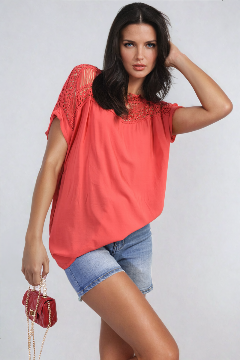 Lace Insert Round Neck Hollow Top-5