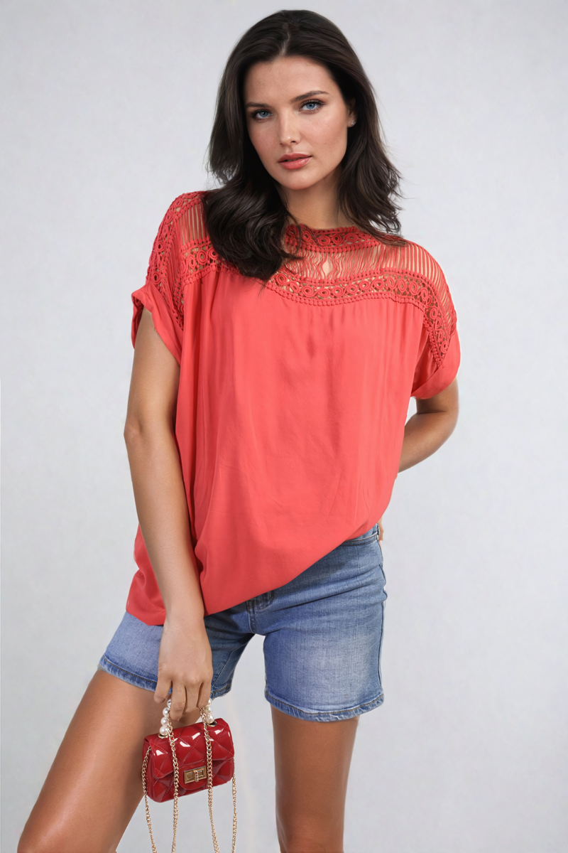 Lace Insert Round Neck Hollow Top-4