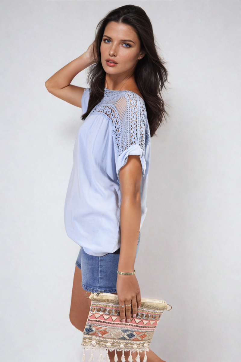 Lace Insert Round Neck Hollow Top-3