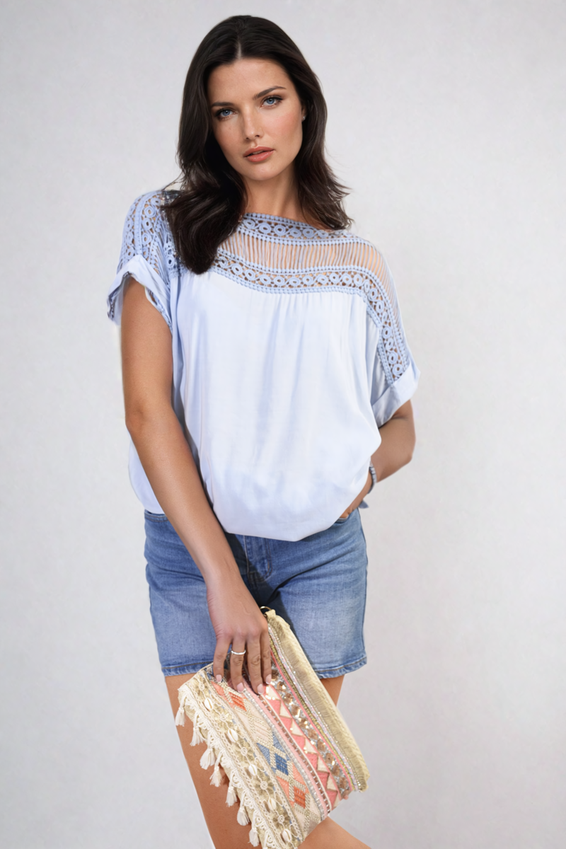 Lace Insert Round Neck Hollow Top-2