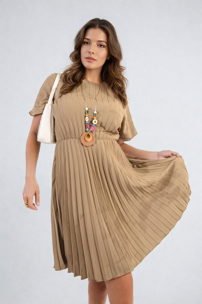 Short Sleeve Pleated Midi Dress-11