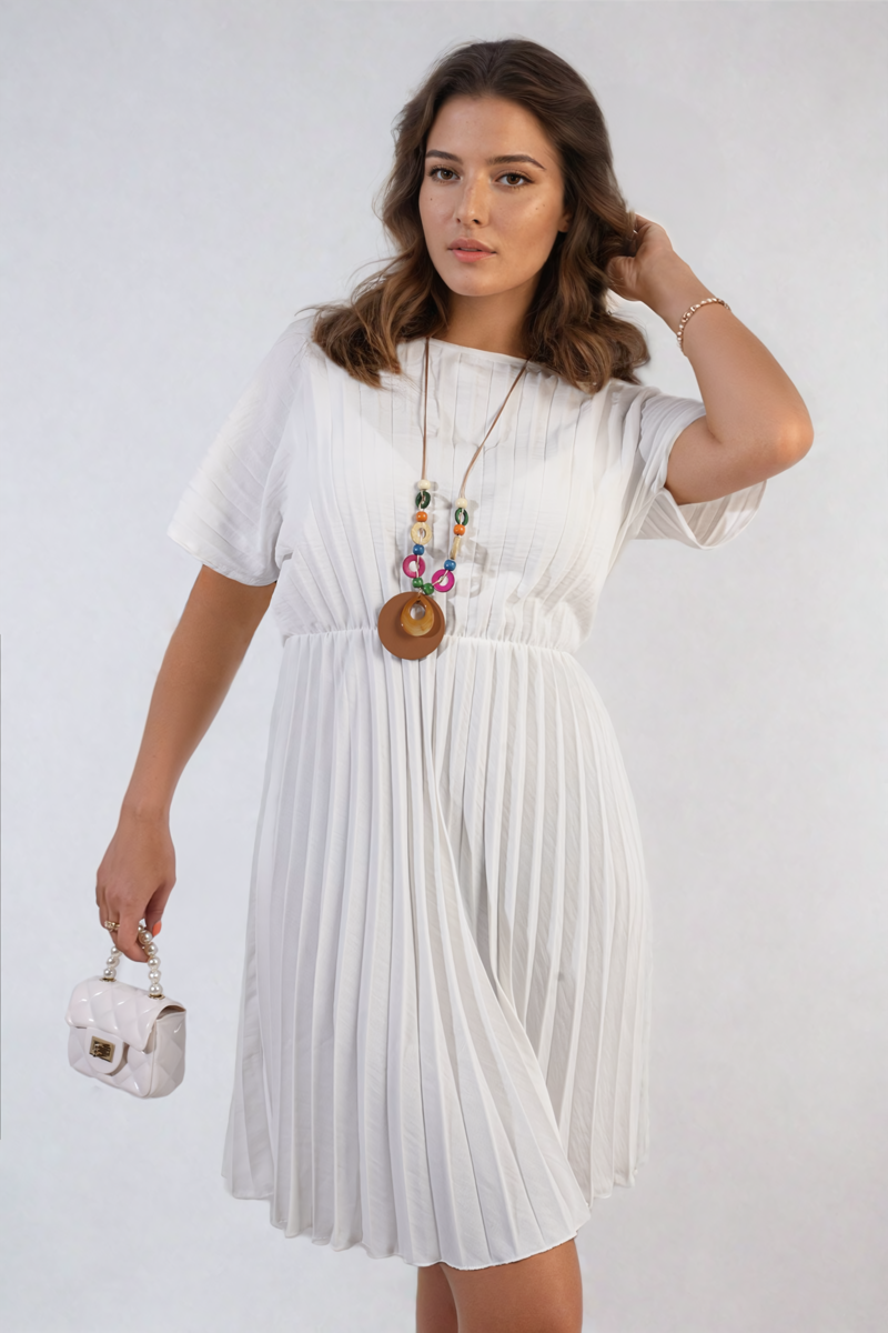 Short Sleeve Pleated Midi Dress-9