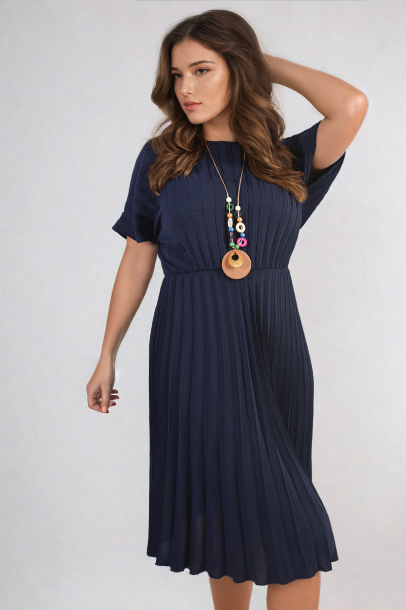 Short Sleeve Pleated Midi Dress-8