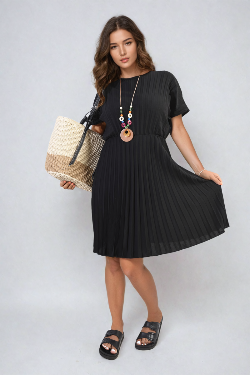 Short Sleeve Pleated Midi Dress-6