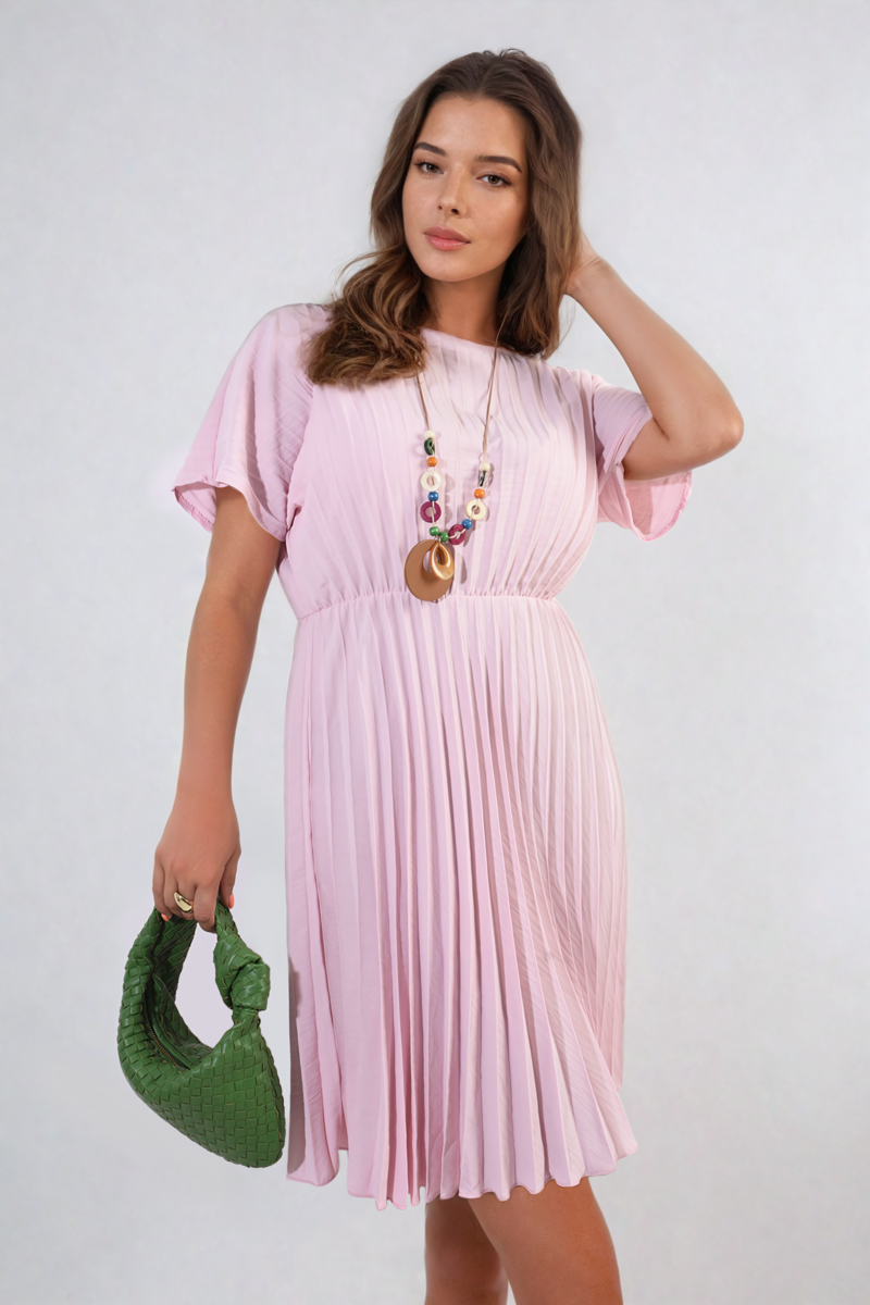 Short Sleeve Pleated Midi Dress-4