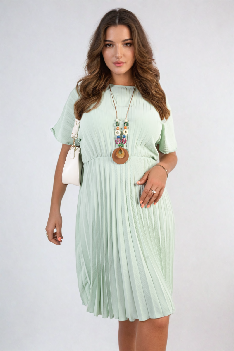 Short Sleeve Pleated Midi Dress-0