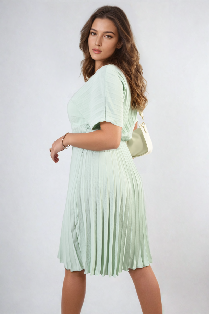 Short Sleeve Pleated Midi Dress-1