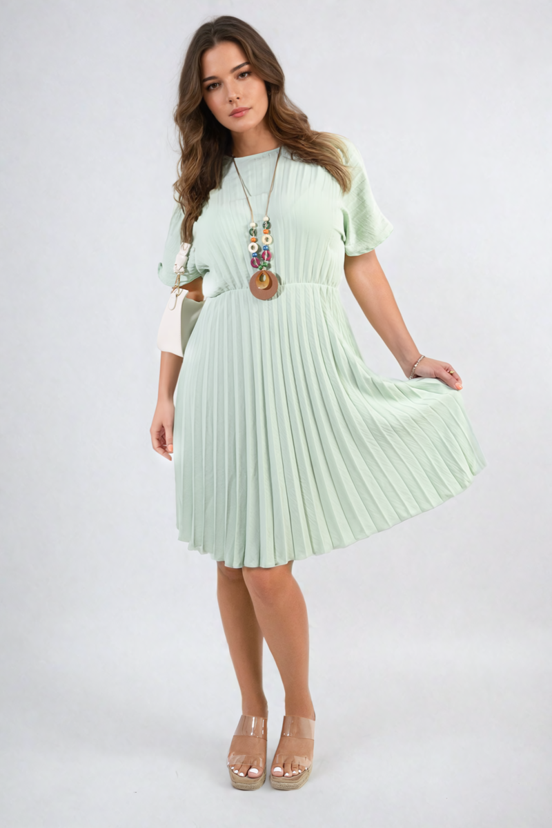 Short Sleeve Pleated Midi Dress-3