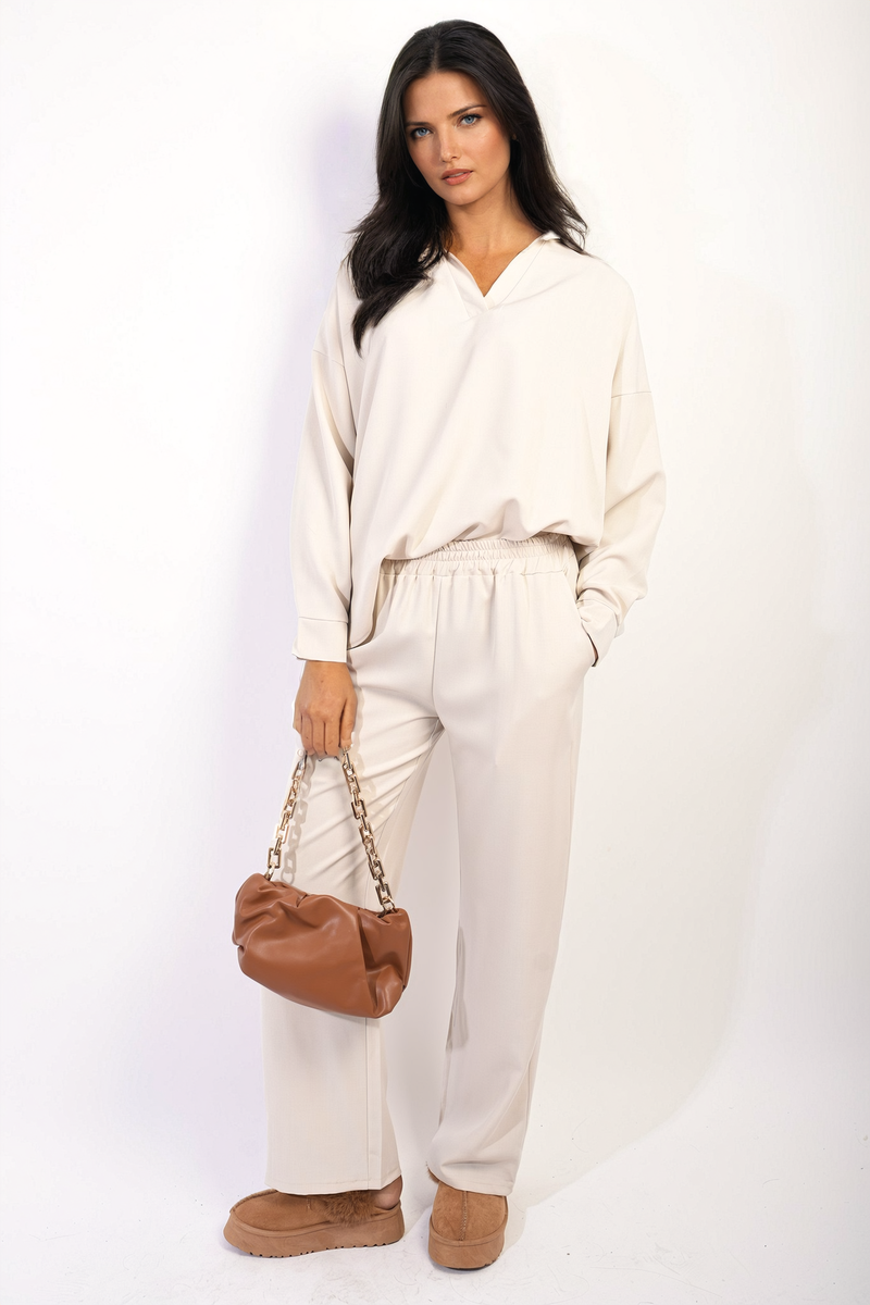 V-neck Long Sleeve Top and Wide Leg Pants Co-ord Set-2