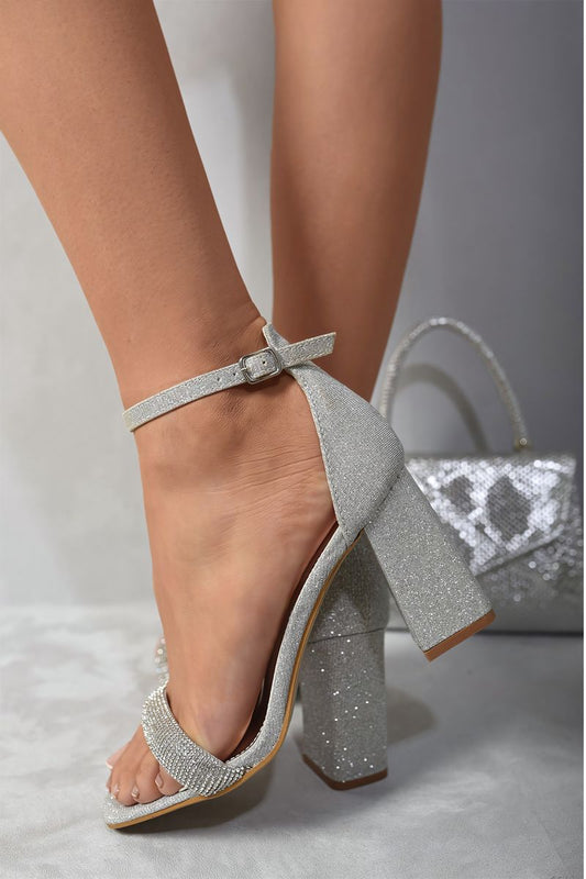 Rhinestone Ankle Strap Block High Heels-0