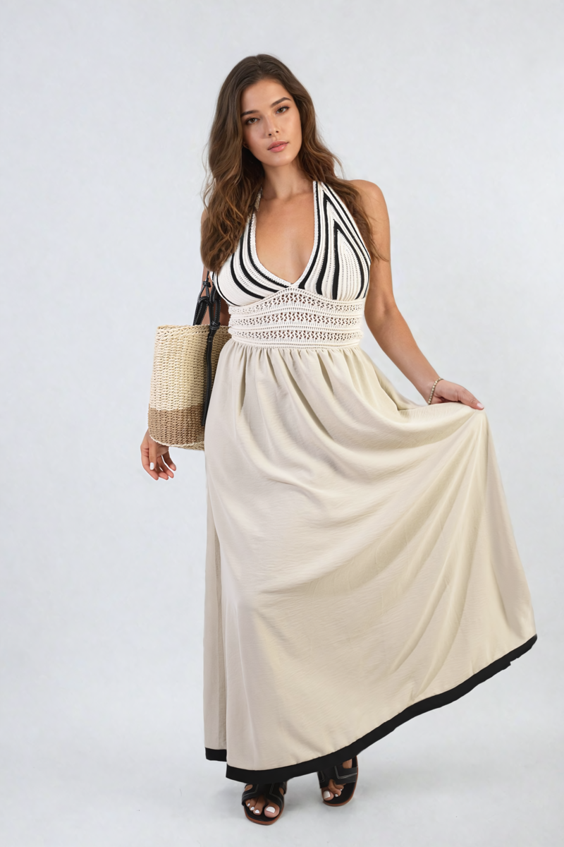 Crochet V-Neck Halter Backless Maxi Dress-7