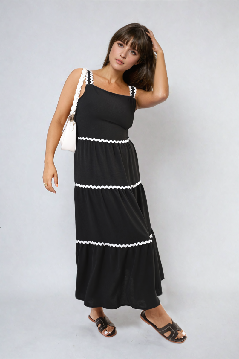 Contrast Ric Rac Detail Multi Tiered Maxi Dress-6