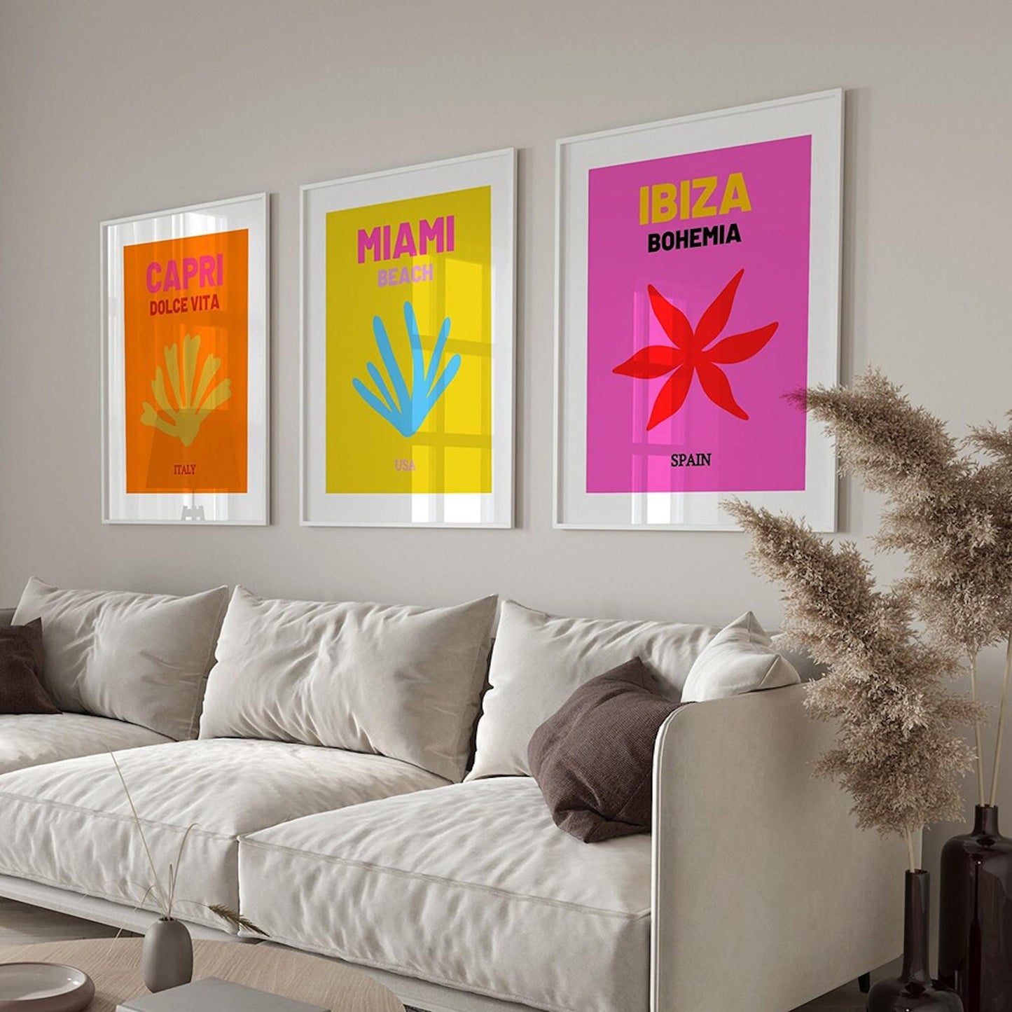 Poster Städte Reise als Wandkunst mit bunten Farben von Mykonos, Ibiza, Miami, Capri, Palm, Bondi Strand als Deko Print ohne Rahmen-0