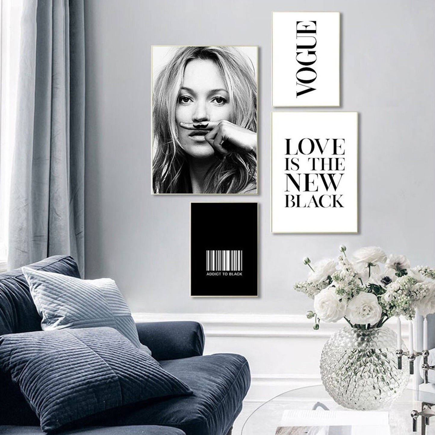 Poster Schwarz Weiß Kate Moss Vogue I Vintage I Wohnkultur| Wohnzimmer | Wandbilder Schlafzimmer | Deko Print ohne Rahmen | Bilder Set-1