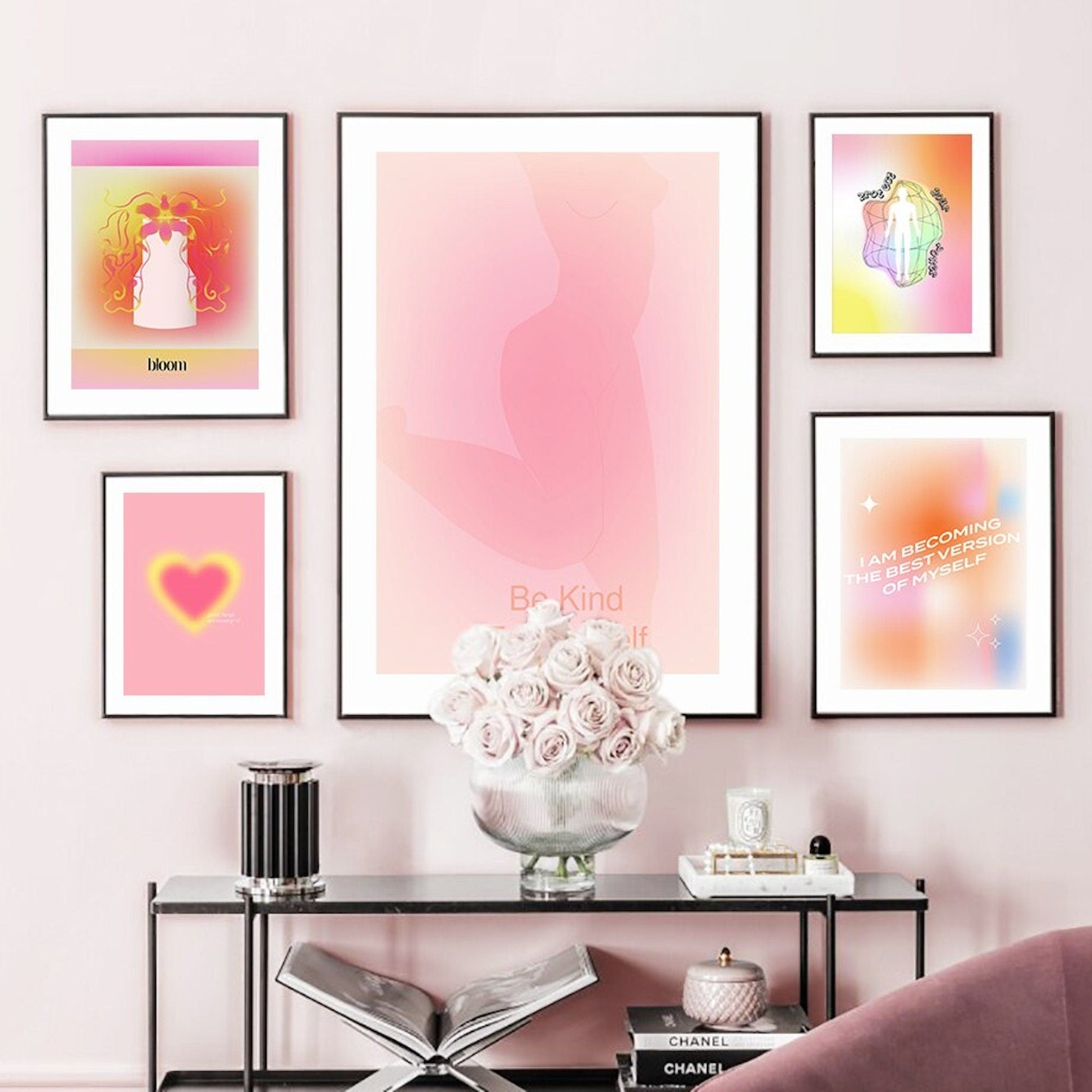 Poster Positive Energie in Rosa Farben I Bilder Wohnzimmer | Wandbilder Schlafzimmer | Deko Print ohne Rahmen | Bilder Set-1