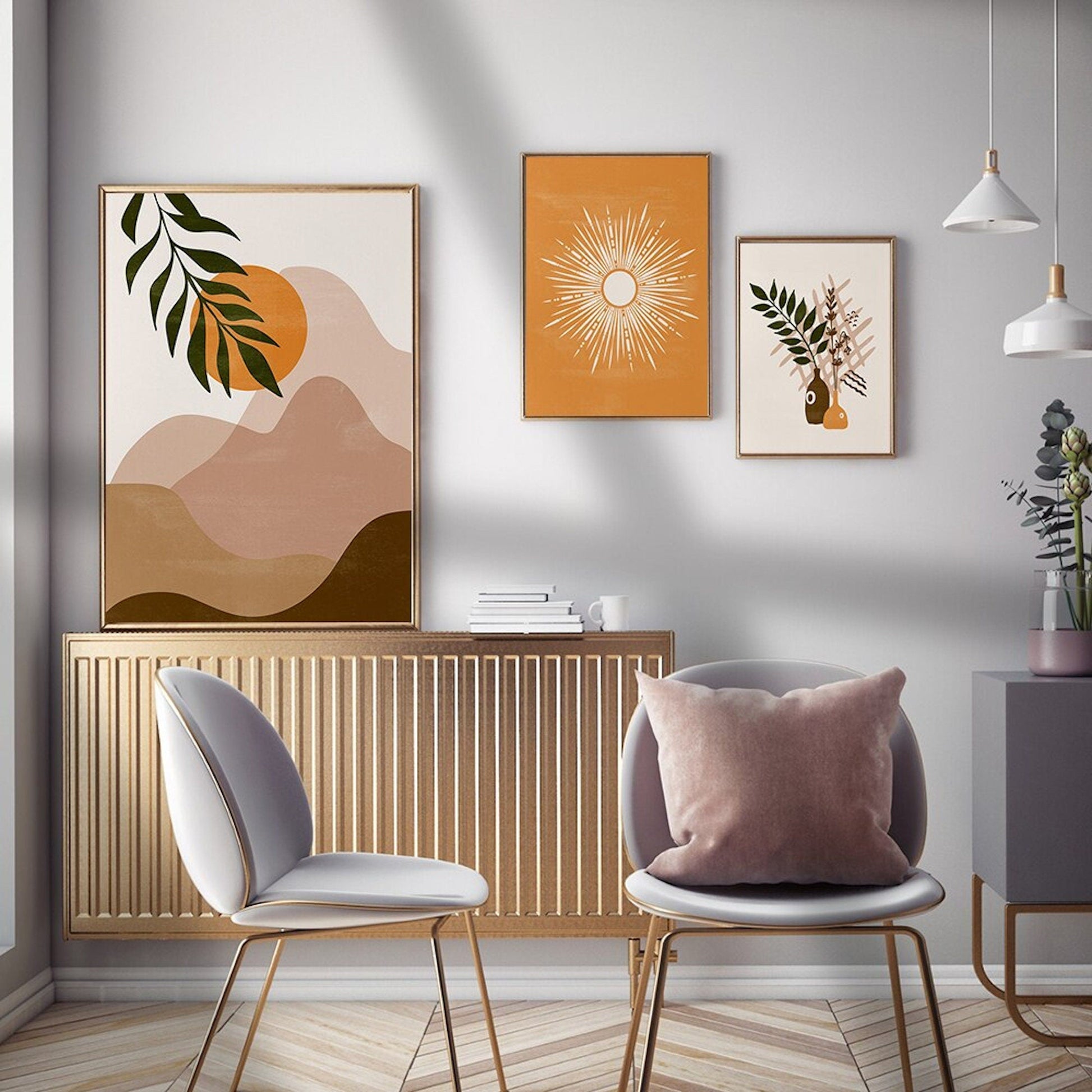 Poster Boho Abtrakt Sonne Berge und Pflanzen im Blumetopf als Deko Print ohne Rahmen-1