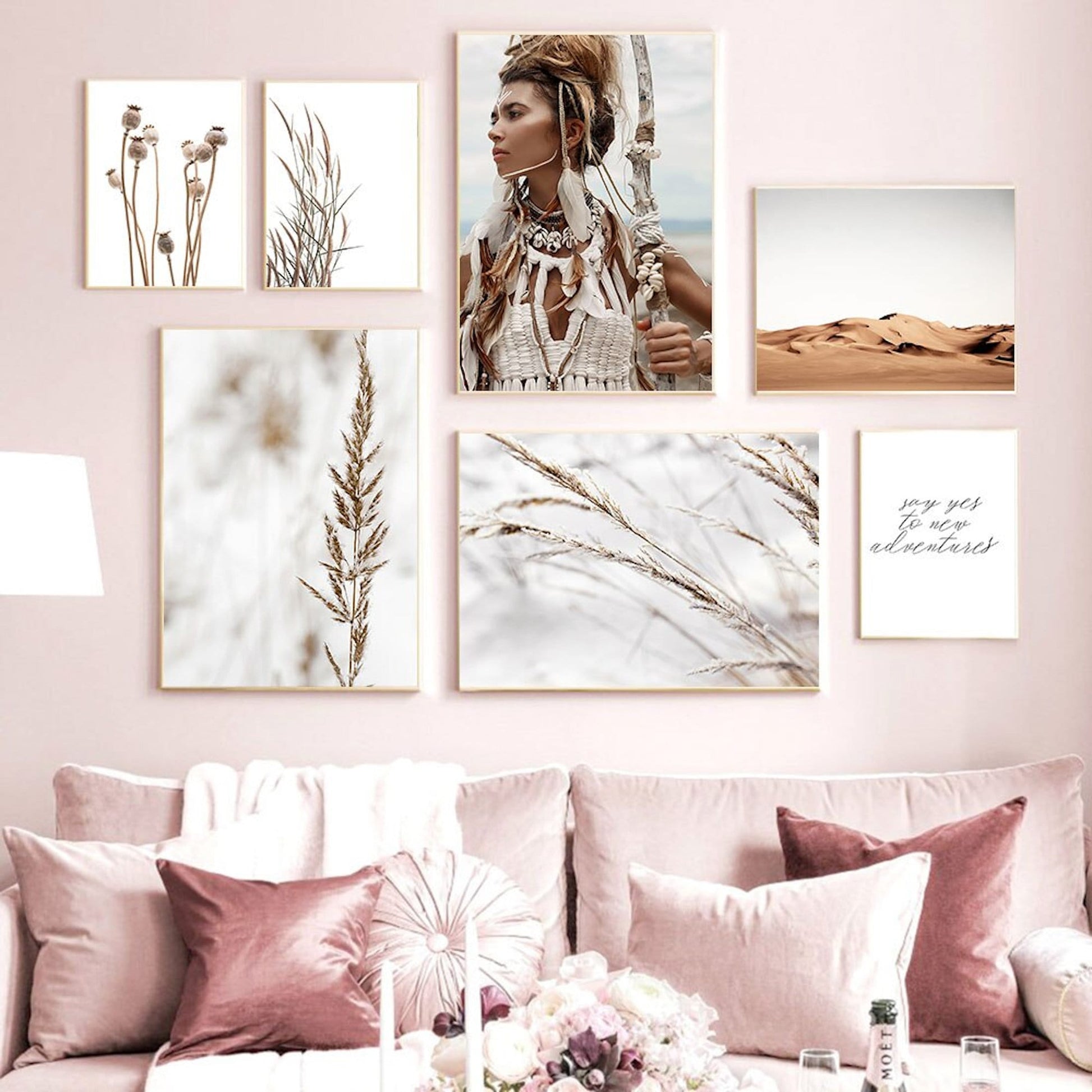 Poster Indianerin Wüste Blätter Trocken Blumen  | Bilder Wohnzimmer | Wandbilder Schlafzimmer | Deko Print ohne Rahmen | Bilder Set-2