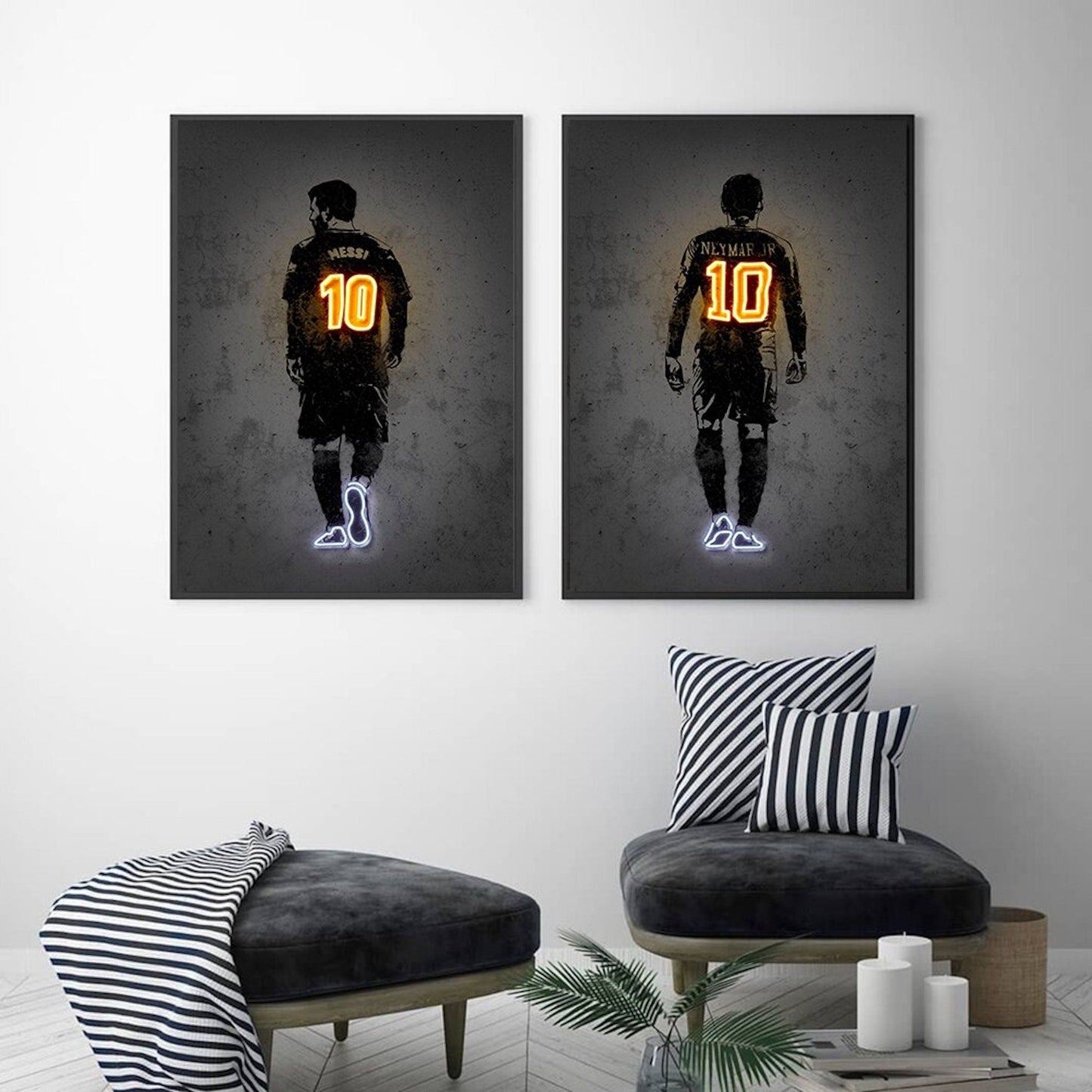 Poster Fußball Lionel Messi Nummer 10 Christiano Ronaldo 7 und Neymar Jr. 10 mit Neon Leucht Trikotnummer als Deko Print ohne Rahmen-1