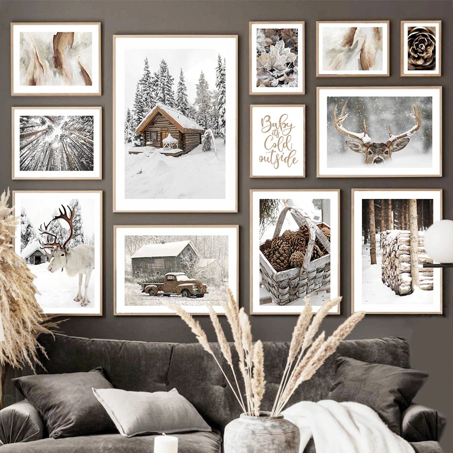 Poster Winter Holz Hütte im Schnee Rentier Tannenzapfen | Bilder Wohnzimmer | Wandbilder Schlafzimmer | Deko Print ohne Rahmen | Bilder Set-0