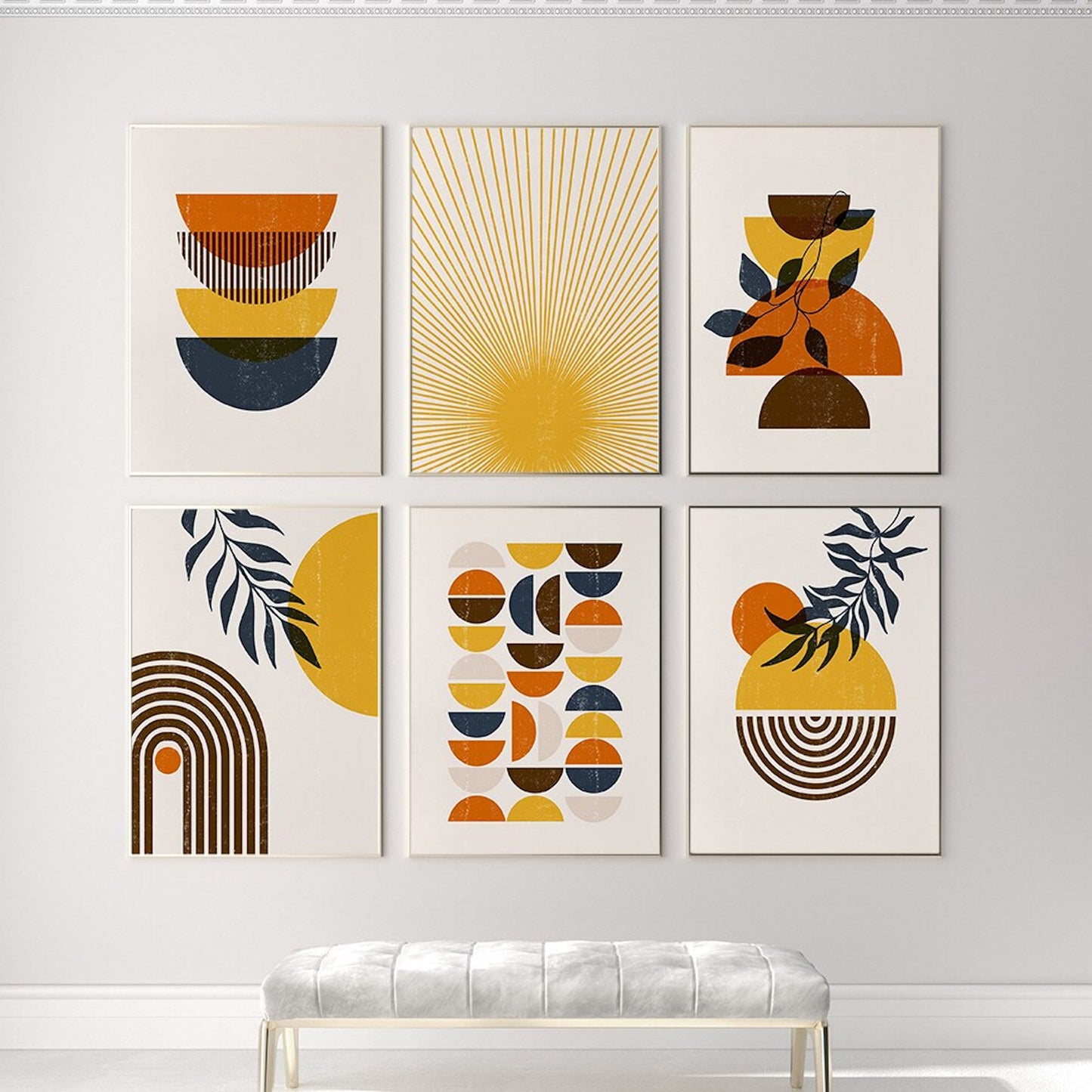 Poster Boho Abtrakt Sonne Halbkreise und Blätter mit Gelbtönen als Deko Print ohne Rahmen-2