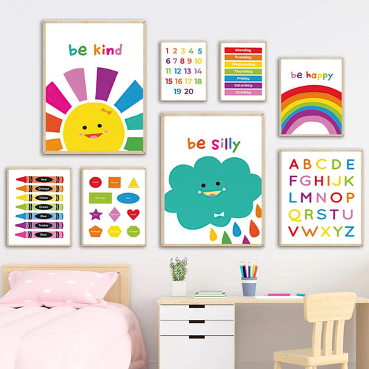 Poster Kinder lernen Farben Formen Zahlen Tage und Alphabet als Deko Print ohne Rahmen-0