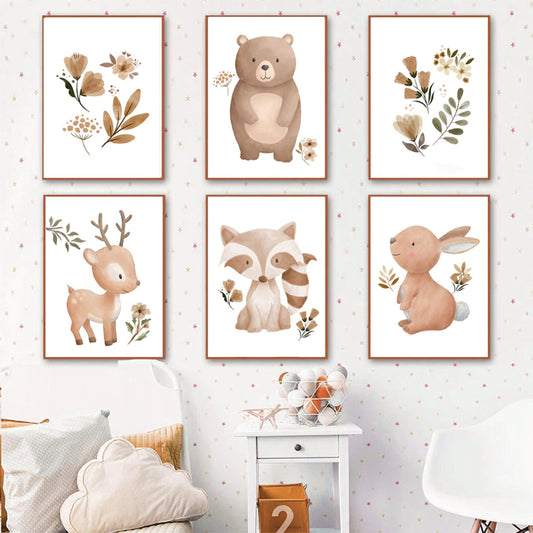 Poster Kinder Tiere Schmetterling Fuchs Eule Blumen Hase Reh und Bär als Deko Print ohne Rahmen-0