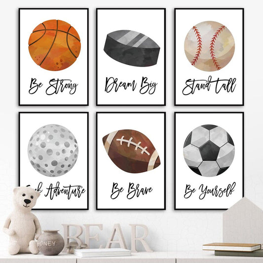 Poster Kinder Sportbälle Fußball Basketball Baseball Football Golfball und Eishockeypuck  als Deko Print ohne Rahmen-0