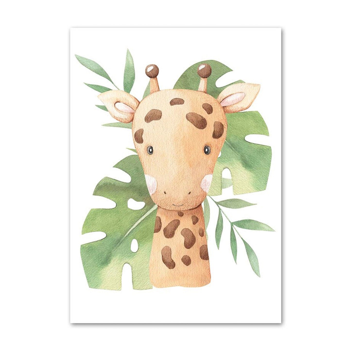 Poster Kinder süße Tiere mit Grünem Blatt Pandabär Giraffe Elefant Löwe Zebra Affe und Tiger als Deko Print ohne Rahmen-2