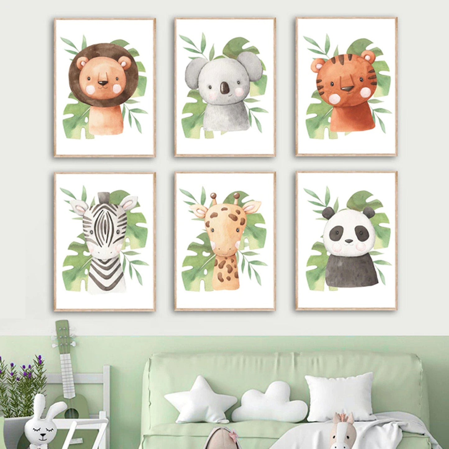 Poster Kinder süße Tiere mit Grünem Blatt Pandabär Giraffe Elefant Löwe Zebra Affe und Tiger als Deko Print ohne Rahmen-1