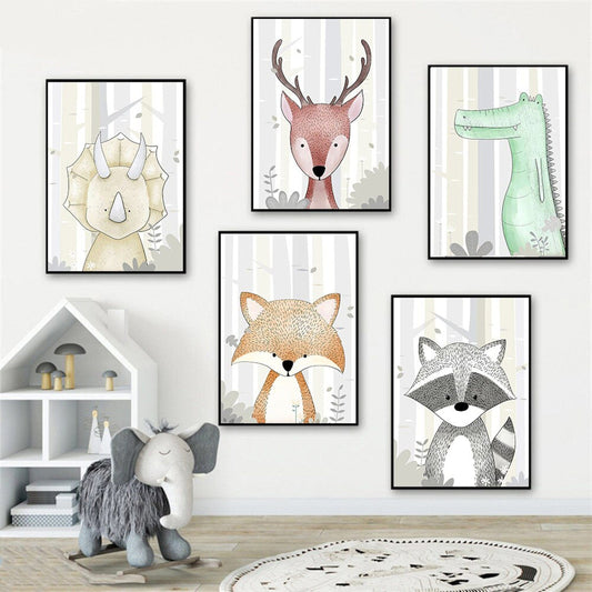 Poster Kinderzimmer Dinosaurier und Tiere Bilder Fuchs Reh T-Rex und Triceratops als Deko Print ohne Rahmen-0