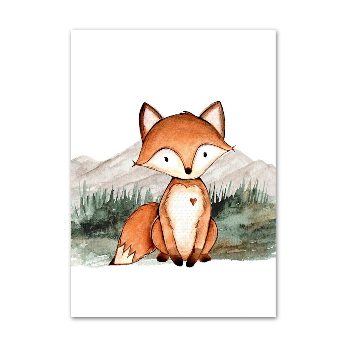 Poster Kinder Wald Tiere Fuchs Waschbär Reh Eule Fuchs Braunbär und Berge als Deko Print ohne Rahmen-7