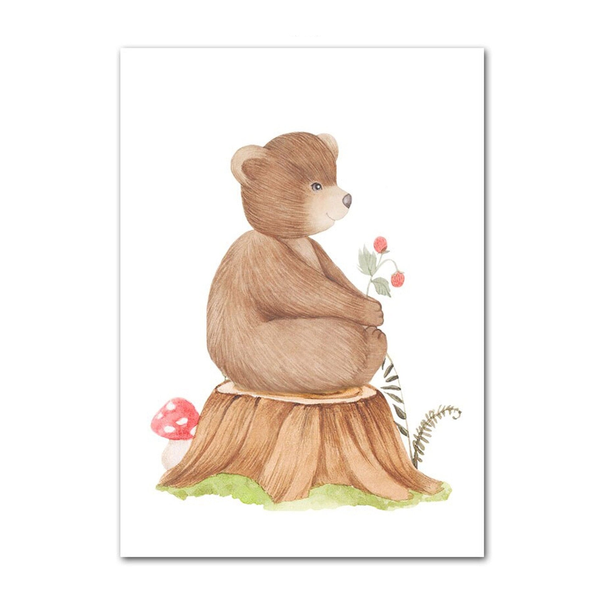 Poster Kinder süße Tiere im Boho Stil Bär Eichhörnchen Schnecke Pilzhaus und Blumen als Deko Print ohne Rahmen-1