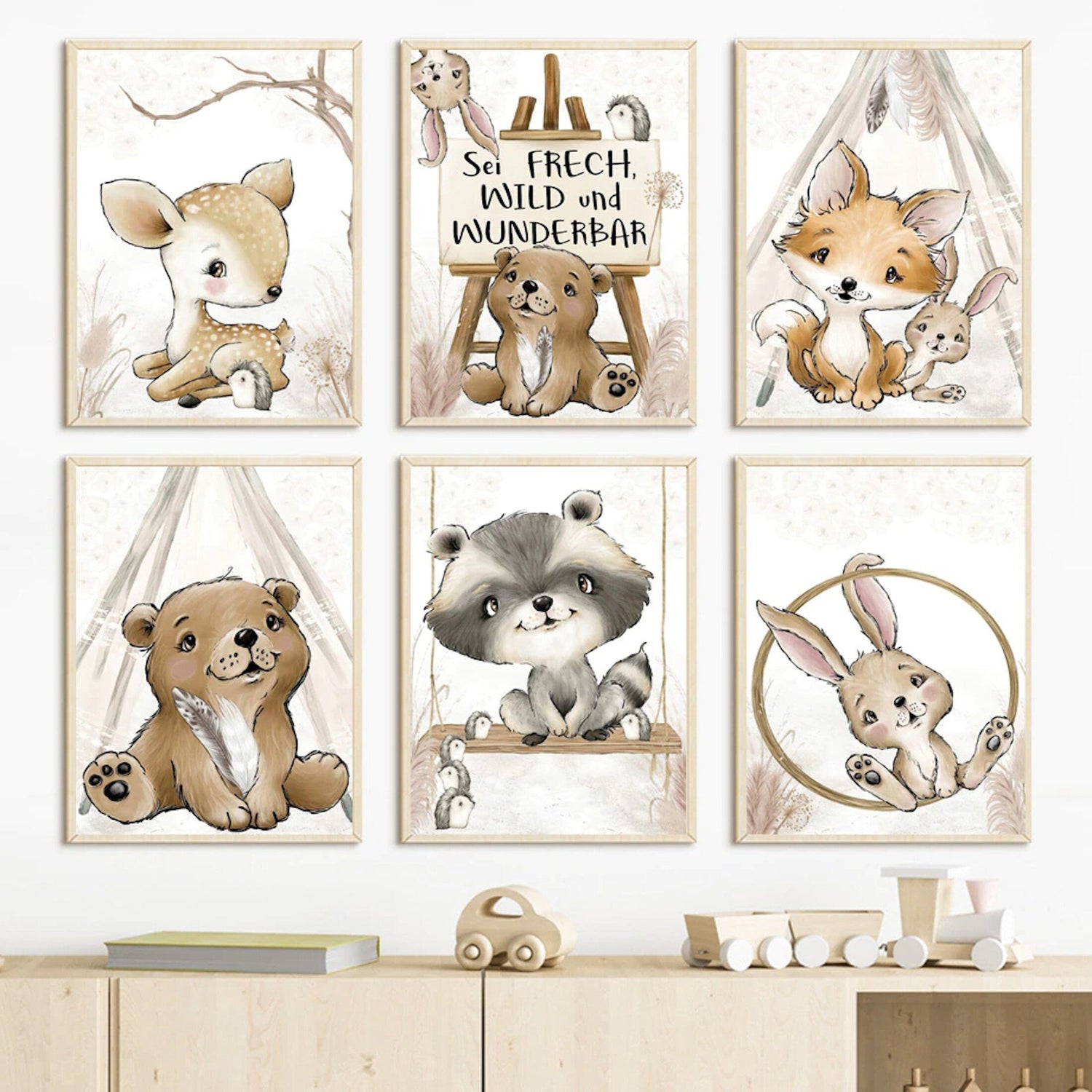 Poster Kinderzimmer Bilder Tiere Bär Reh Fuchs Hase und Spruch sei Frech wild und wunderbar als Deko Print ohne Rahmen-0