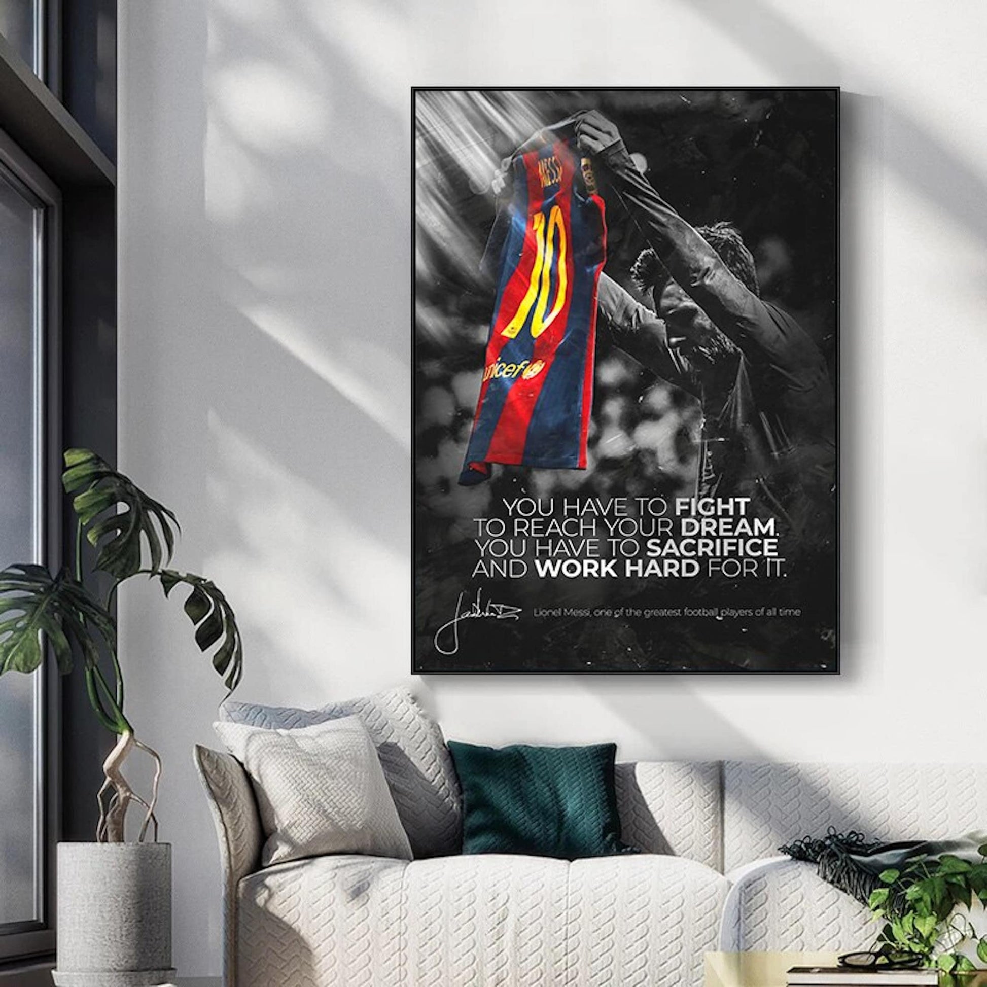 Poster Fußball Messi Fc Barcelona Nr.10 Rot Blau Trikot und Motivations Spruch als Deko Print ohne Rahmen-0