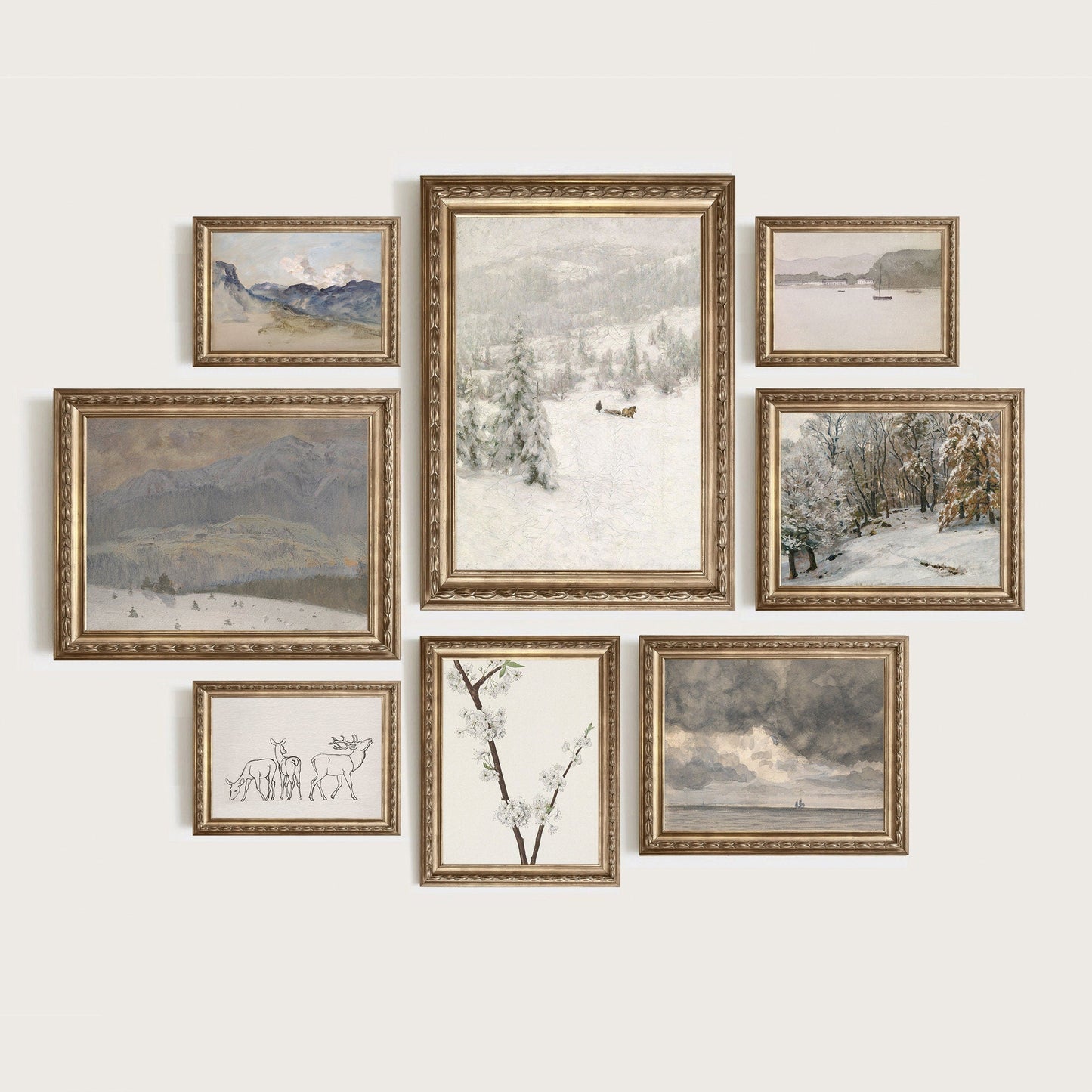 Poster Vintage Galerie Wand Kunst Set Landschaft Schnee Berge und Wälder Natur als Deko Print ohne Rahmen-0