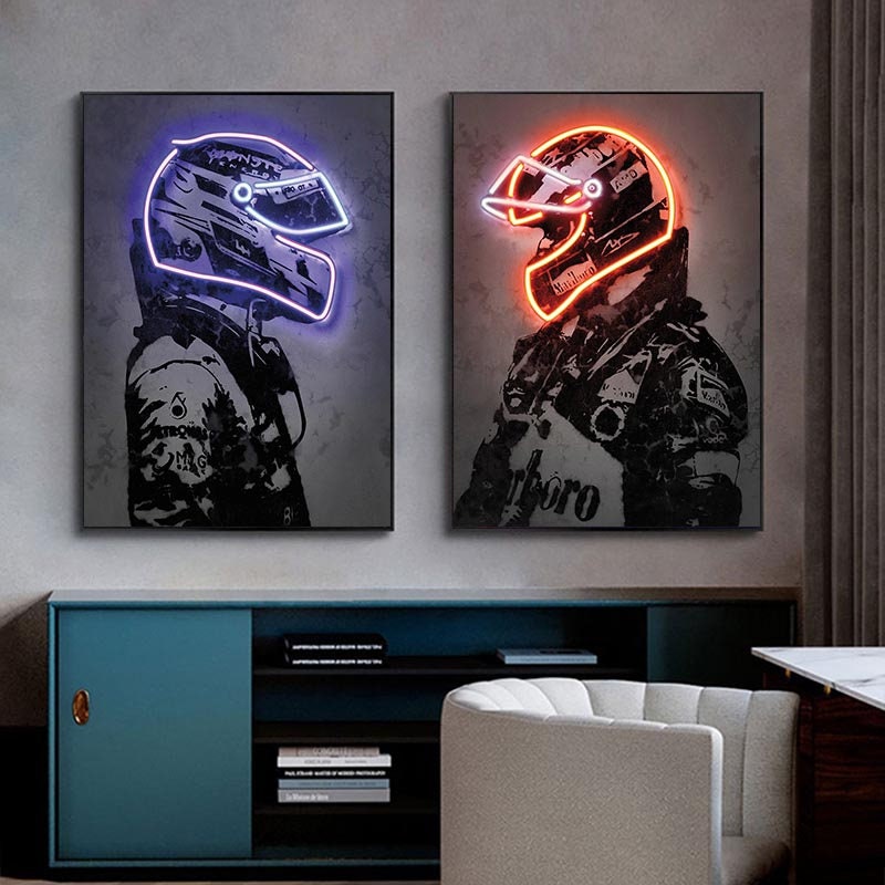 Poster Formula 1 racing driver with neon helmet as a decorative print without a frame-2