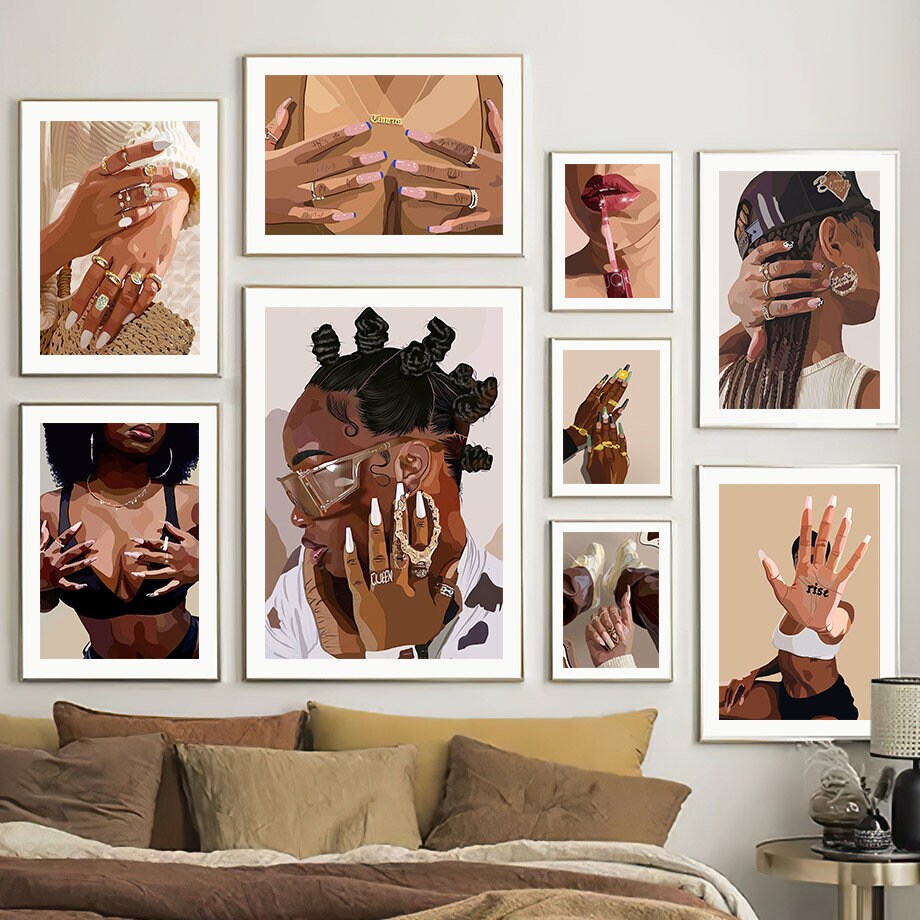 Poster Hip Hop Schmuck Mode | Schwarz Mädchen I Bilder Wohnzimmer | Wandbilder Schlafzimmer | Deko Print ohne Rahmen | Bilder Set Kunstdruck-0