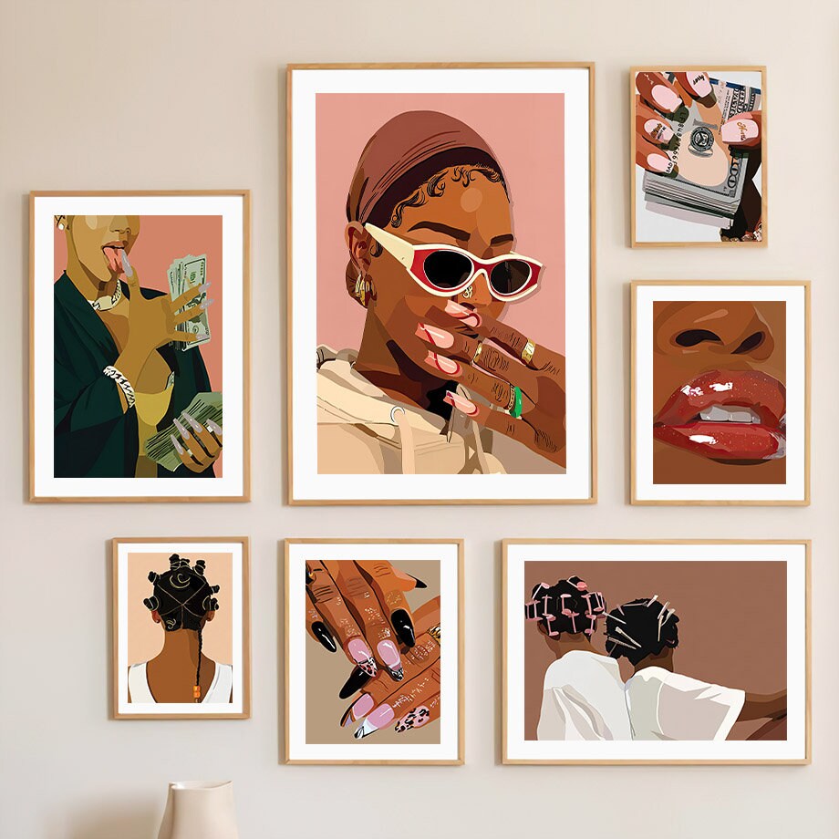 Poster Hip Hop Schmuck Mode | Schwarz Mädchen I Bilder Wohnzimmer | Wandbilder Schlafzimmer | Deko Print ohne Rahmen | Bilder Set Kunstdruck-0