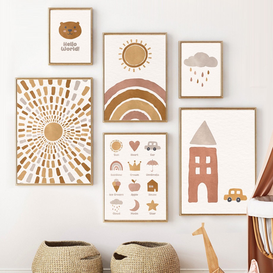 Poster Boho Kinderzimmer I Sonne I Autos I Hallo Welt I Turm als Deko Print ohne Rahmen-0