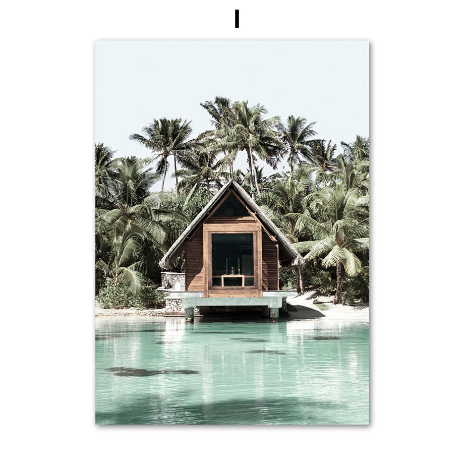 Poster Meer Blätter Überwasser Bungalow Strandschaukel I Wandbilder Wohnzimmer & Schlafzimmer I  Deko Print Bilder I ohne Rahmen-9