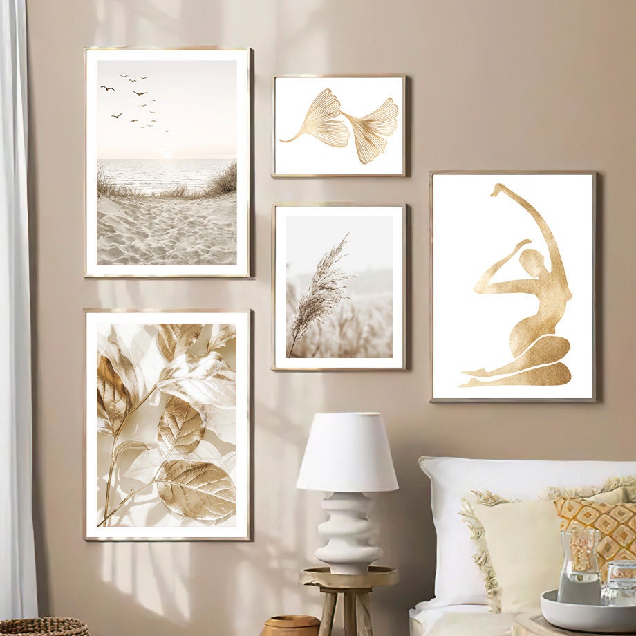 Poster Meer Pampasgras Beige Gold I Wandbilder Wohnzimmer & Schlafzimmer I  Deko Print Bilder I ohne Rahmen-1